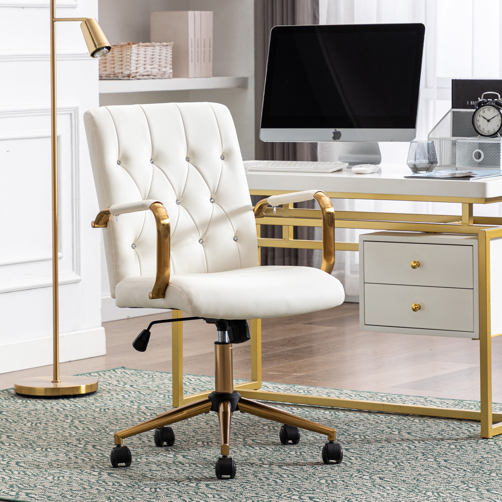 Duhome PU Leather Home Office Desk Chairs, Modern Gold Task Chair with Wheels