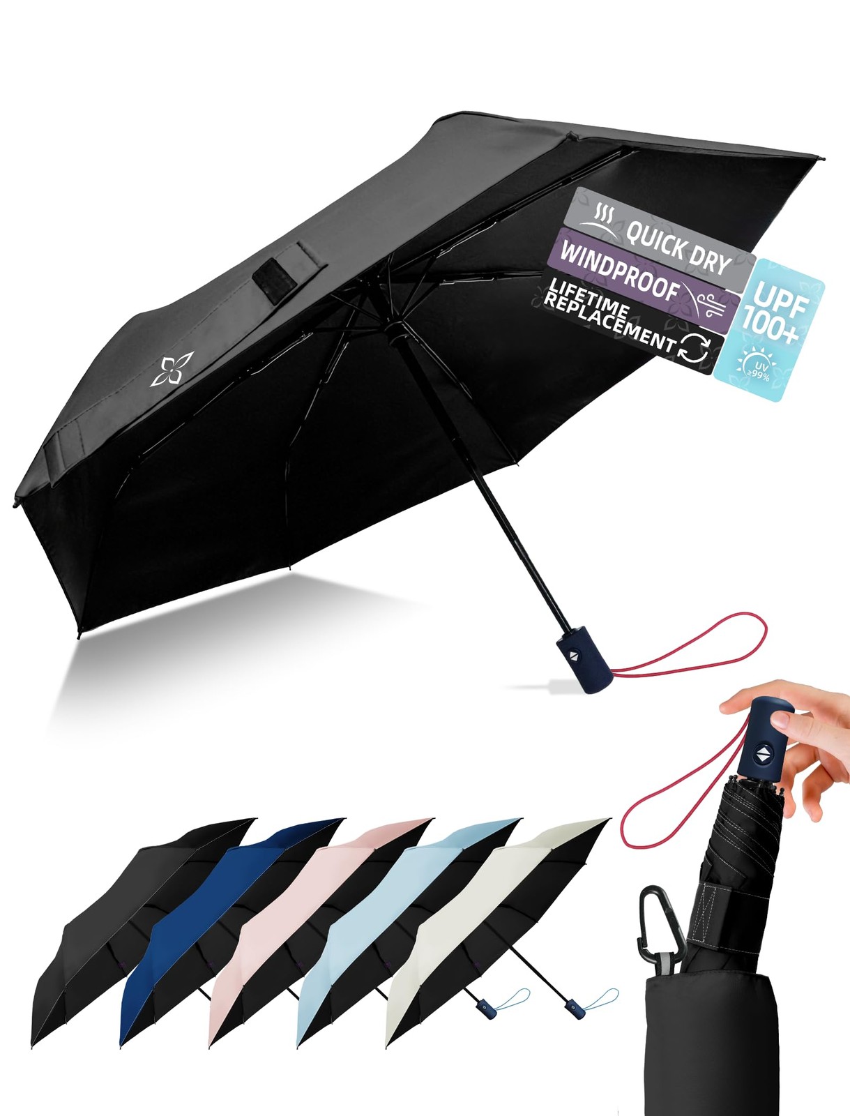 LILAC Windproof Travel Umbrella for Rain - 43" Compact 43 inches, 1-Black