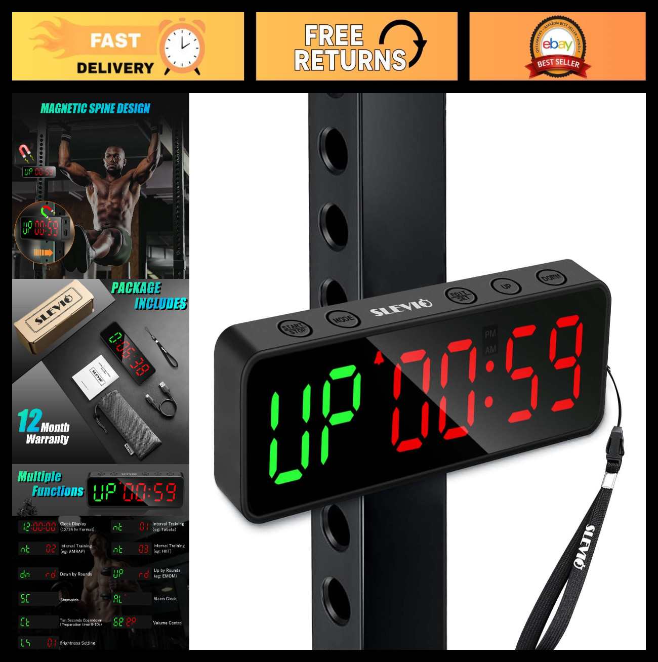 Large LED Digital Gym Timer Stopwatch - Magnetic Workout Interval Countdown Cloc