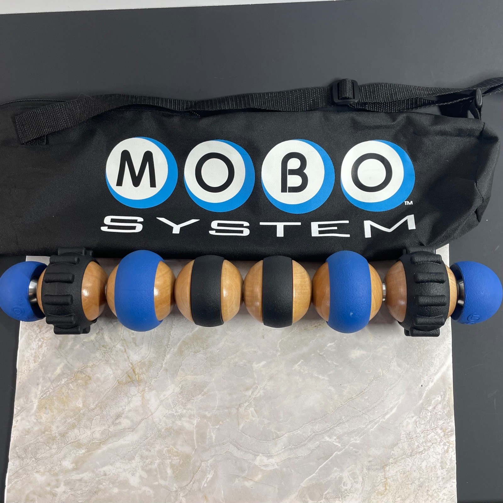 MOBO System Massage Roller Blue Black Wood Handheld Recovery Tool with Case