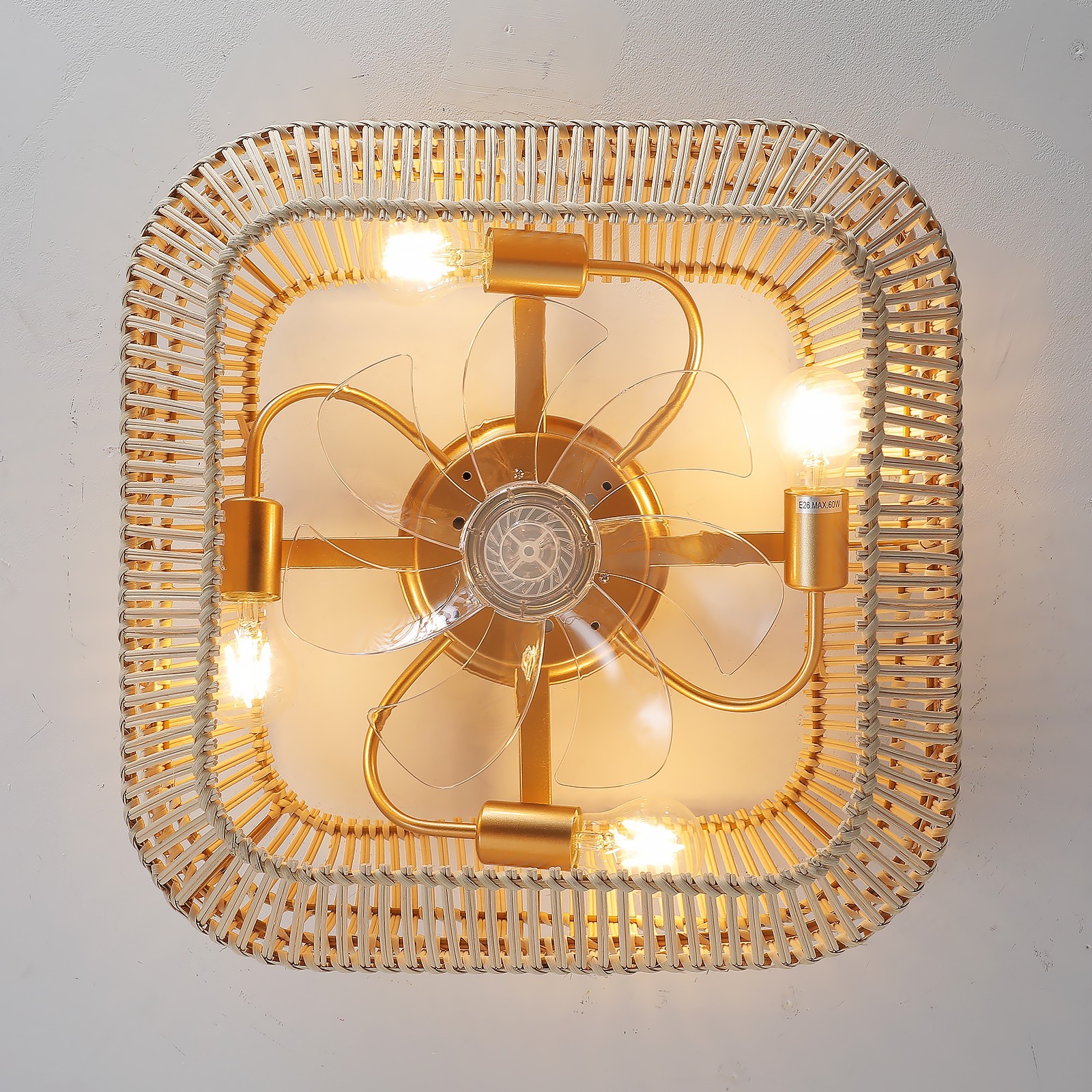 20" Boho Ceiling Fan with Light, Rattan Caged Flush Mount Ceiling Fan