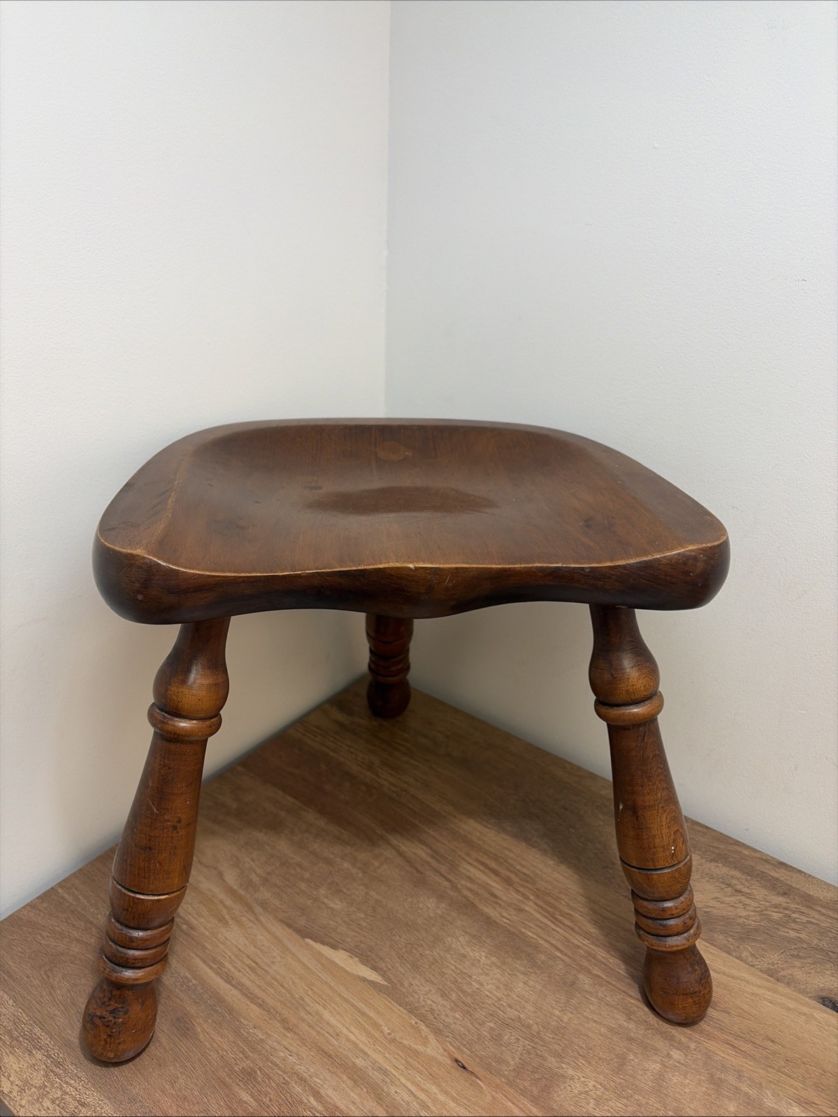 Vintage 3 Leg Maple Milking Stool #R82A Solid Wood Butt Or Saddle Seat Stool