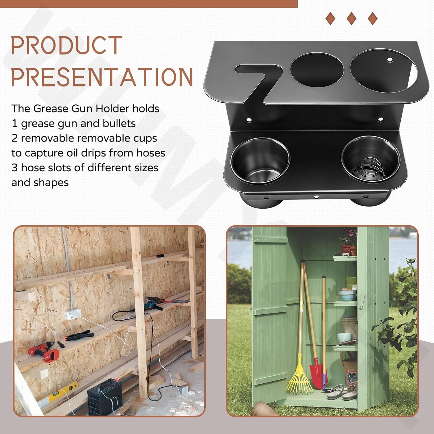 Grease Gun Garage Organizer Wall Mount with Drip Cup