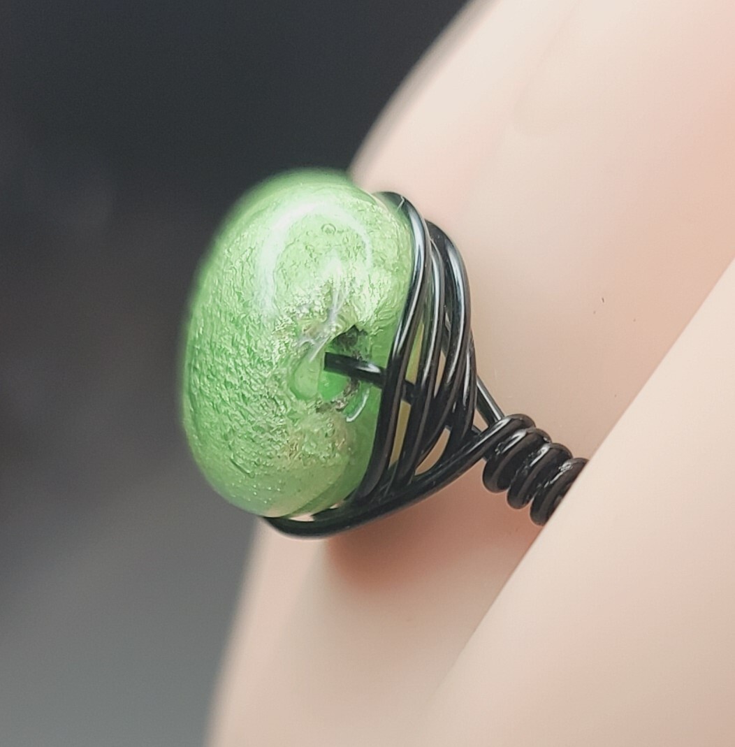 Handmade Wire Wrapped Ring Brilliant Green Bead Size 8.