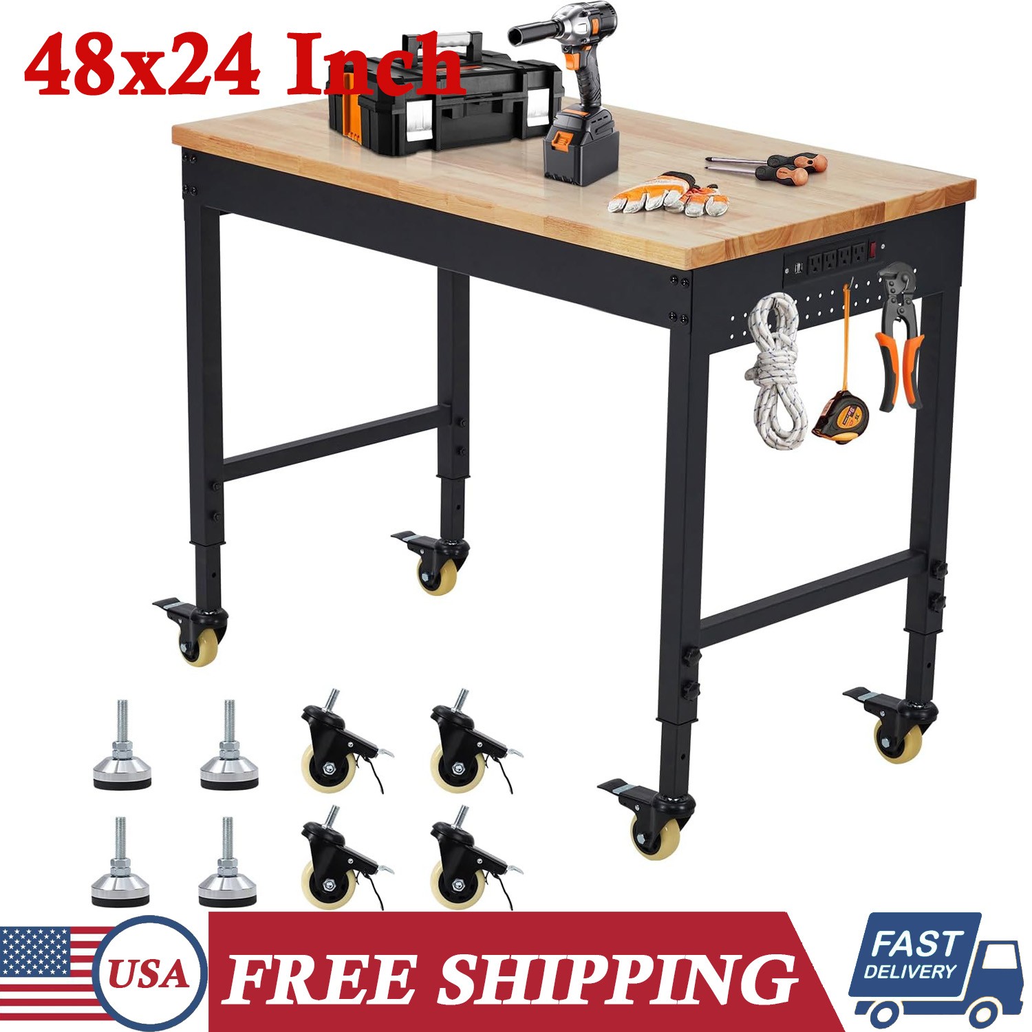 48" x 24" Height Adjustable Workbench w/ Wheels & Leveling Foot & Power Outlets