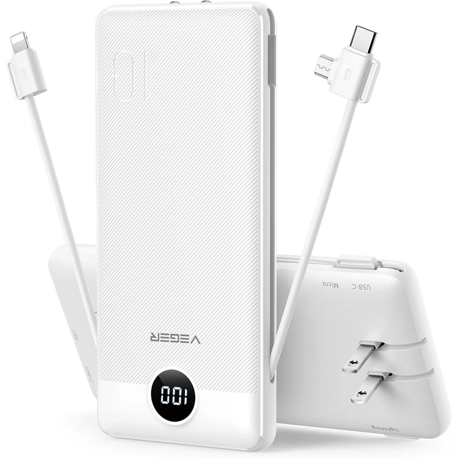 VEGER 10000mAh Portable Charger with Built-in Cables & Wall Plug USB-C -white