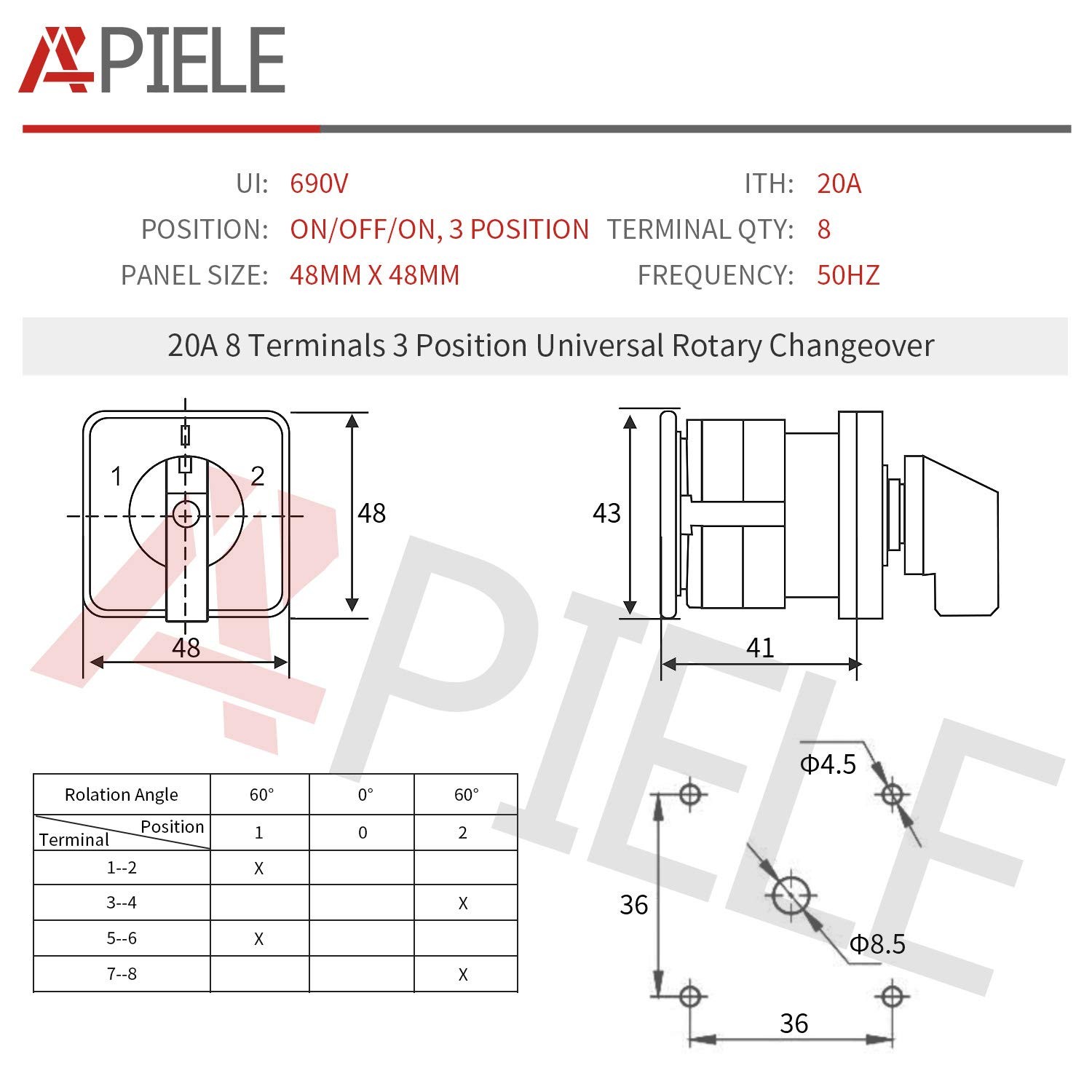 APIELE Changeover Selector Switch Box 20A 3 Position 8 8 Terminals