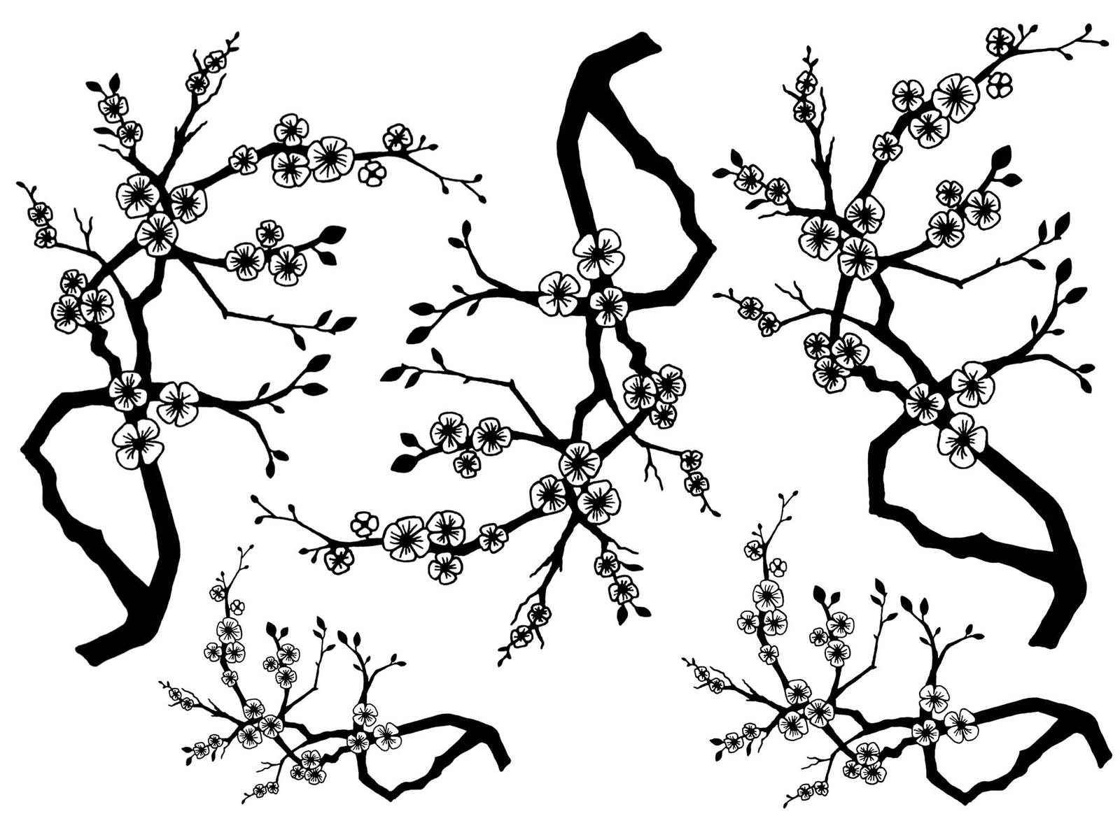 Neely Cherry Blossom Branch 5 pcs 2-3/4" to 4" Black Fused Glass Decals