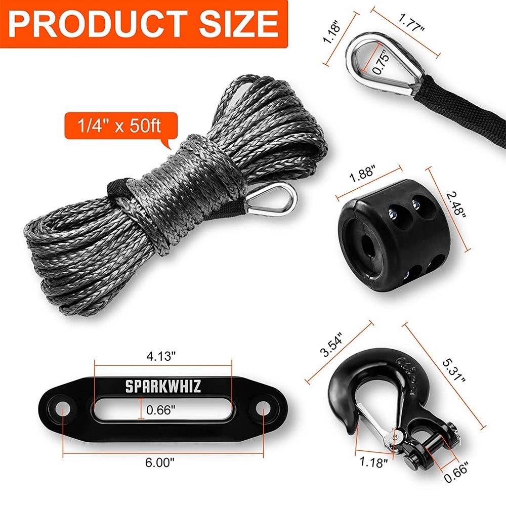 1/4"x50' Synthetic Winch Rope Line Cable 10000 LBS Rock Guard Hook Stopper Kit
