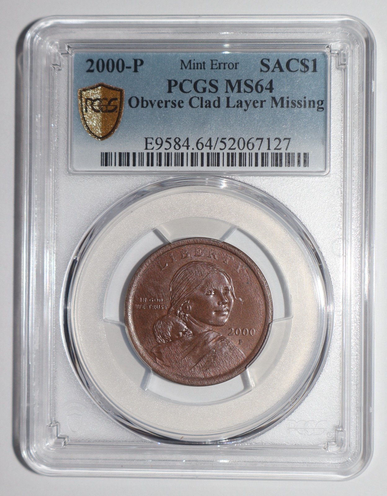 2000 Sacagawea Dollar Error OBVERSE CLAD LAYER MISSING PCGS MS64