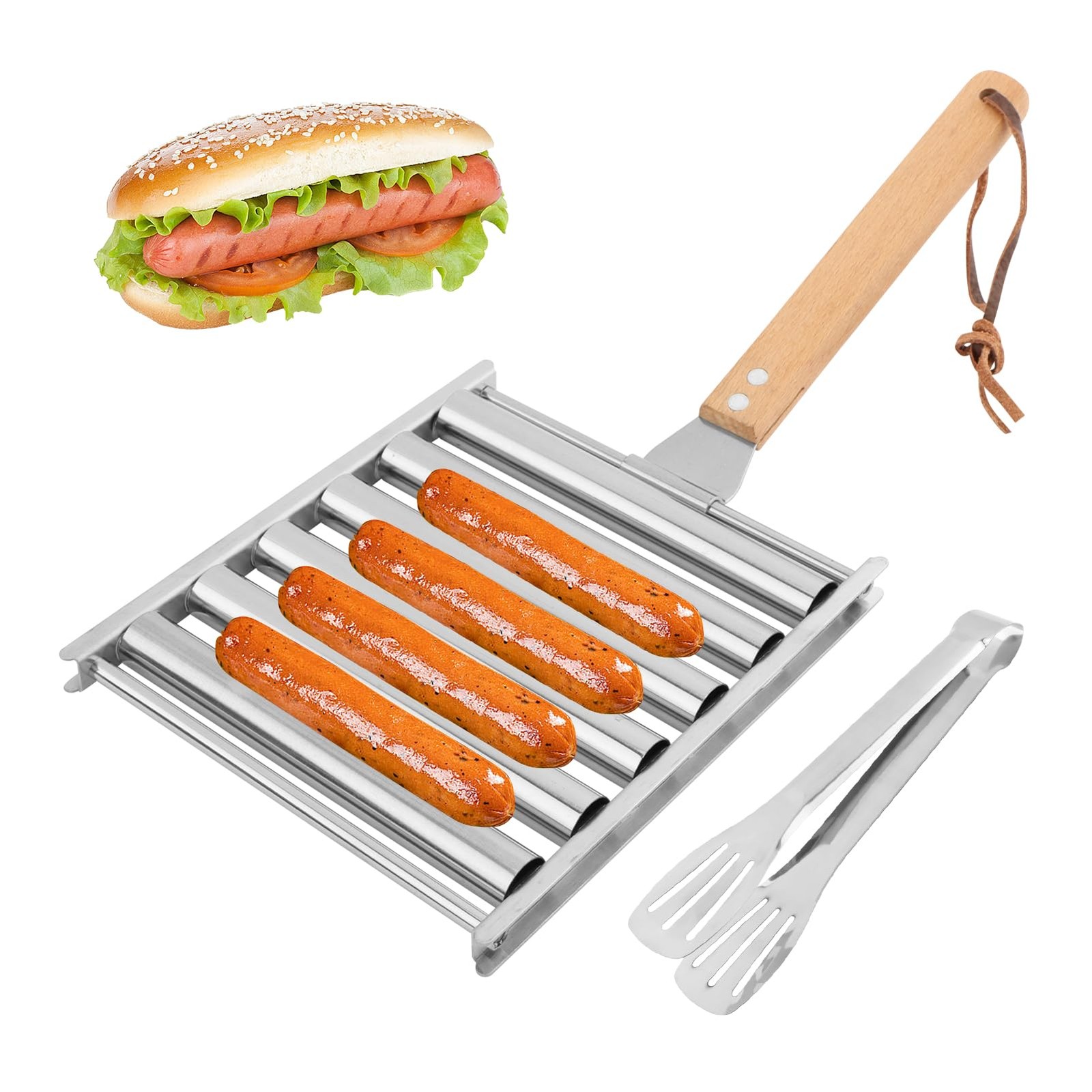 Hot Dog Roller for Grill,with Metal Spatula and Long Wooden Handle,Stainless ...