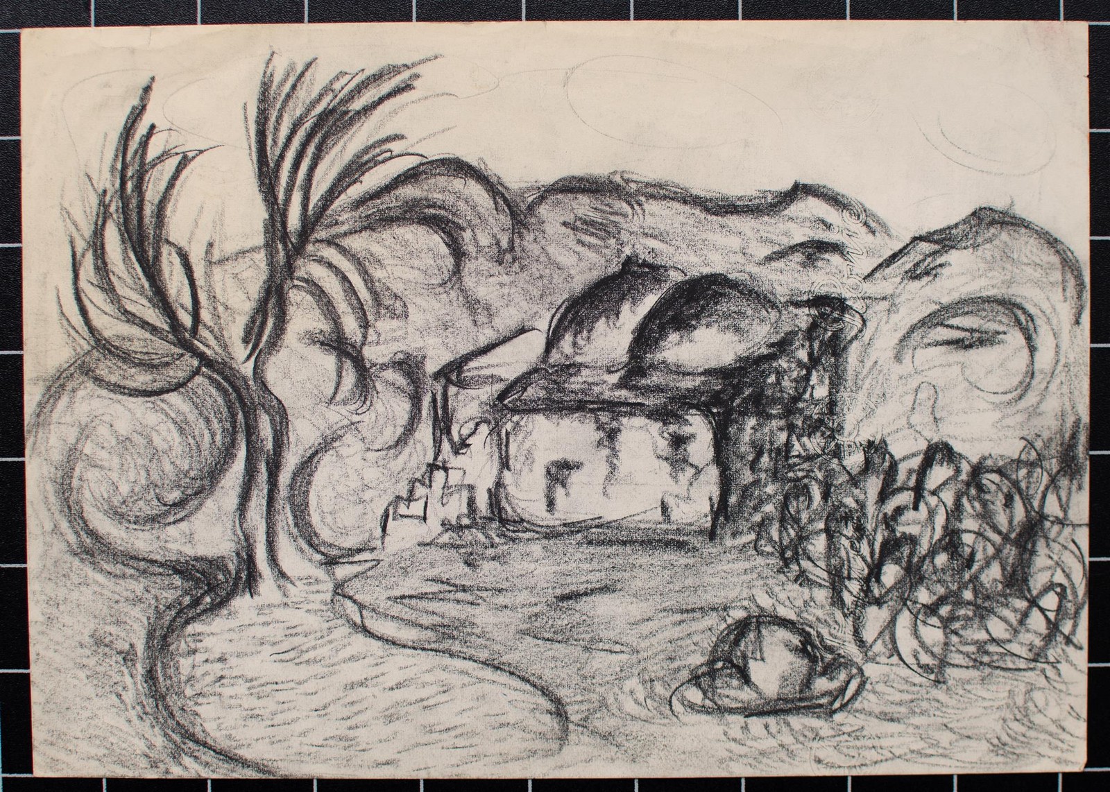 Mountain landscape abstract unsigned unknown unique charcoal drawing 20th century