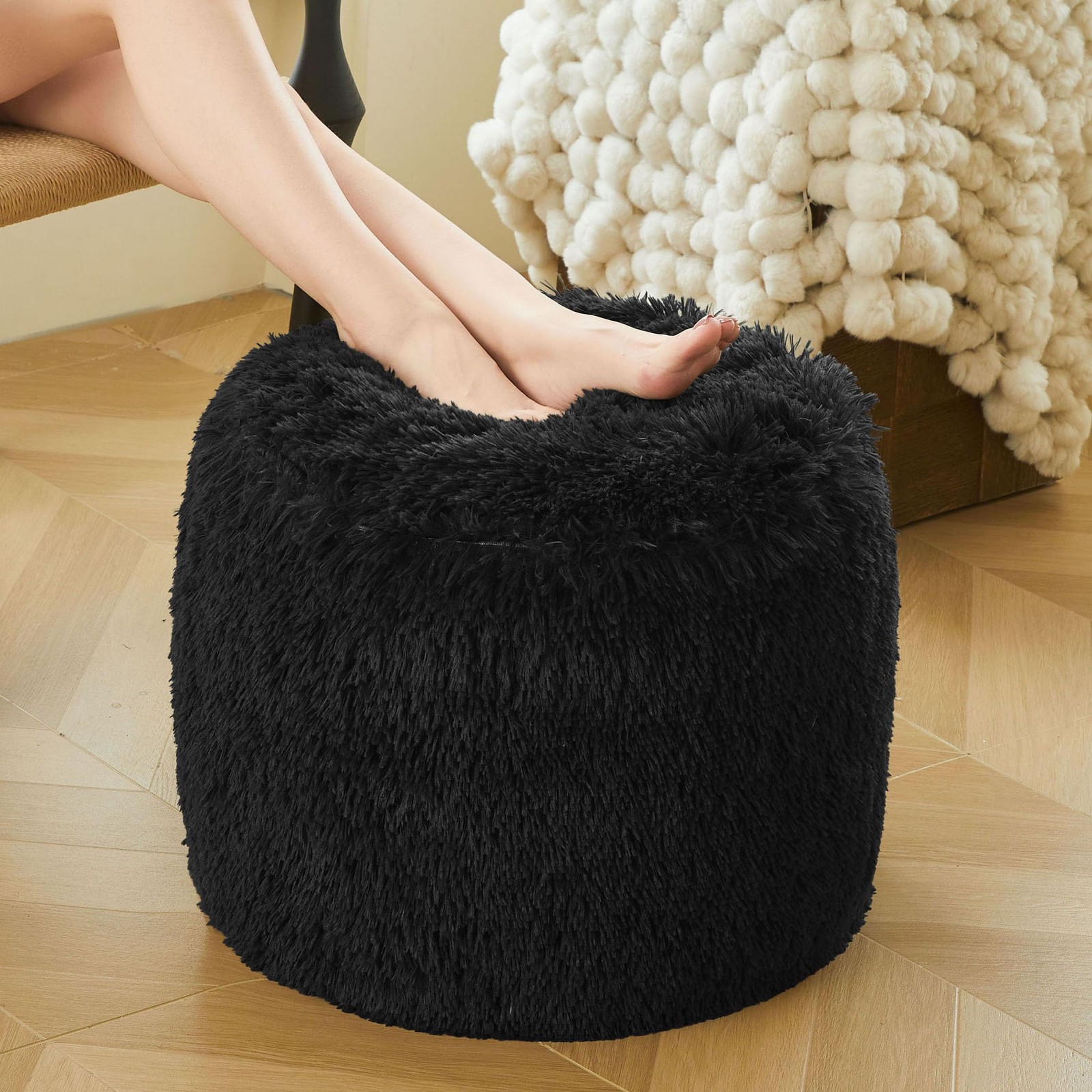 Fluffy Faux Fur Inflatable Pouf Ottoman, Comfy Portable Shaggy Fuzzy Foot Sto...