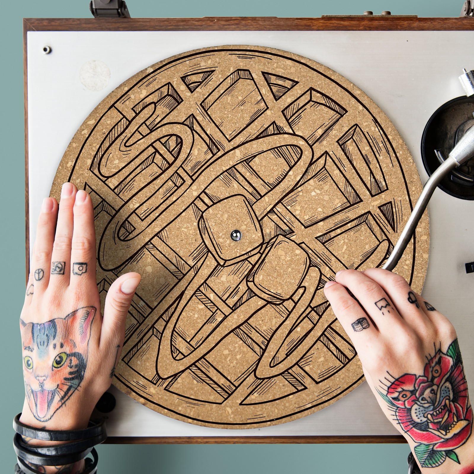 Cork Turntable Slipmat Quetzal Studio Handmade Laser Engraved Waffle
