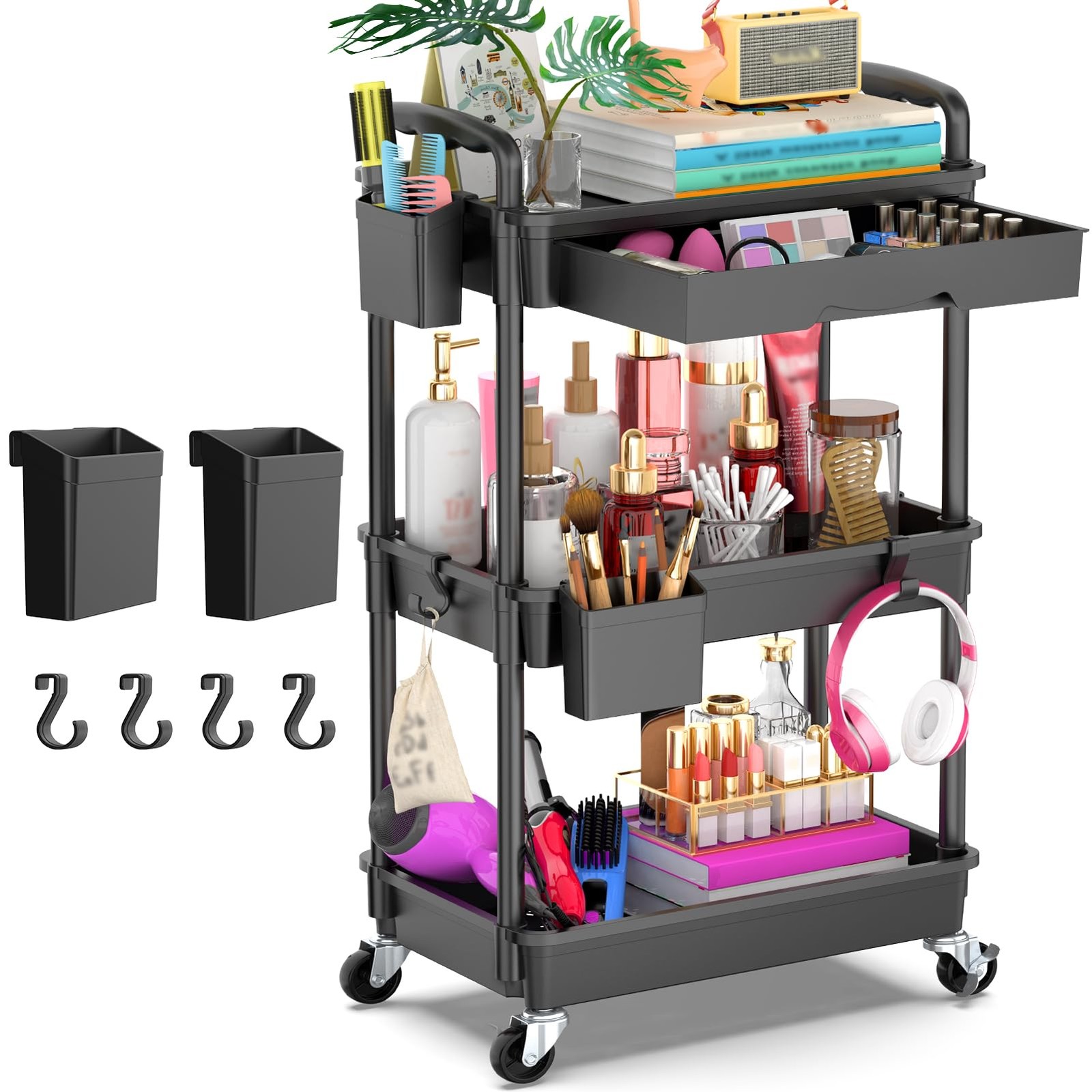 3 Tier Rolling Utility Cart Organizer with Removable Drawer Stable and Sturdy...