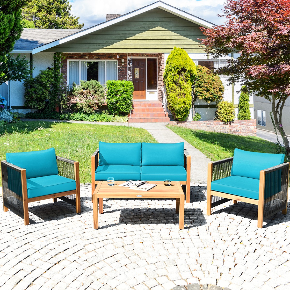 Patiojoy 4PCS Wooden Patio Furniture Set Cushioned Sofa W/Rope Armrest Turquoise