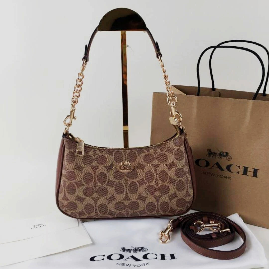 NWT Coach CV933 Teri Shoulder Bag In Signature Canvas Brown Outlet Free Shipping