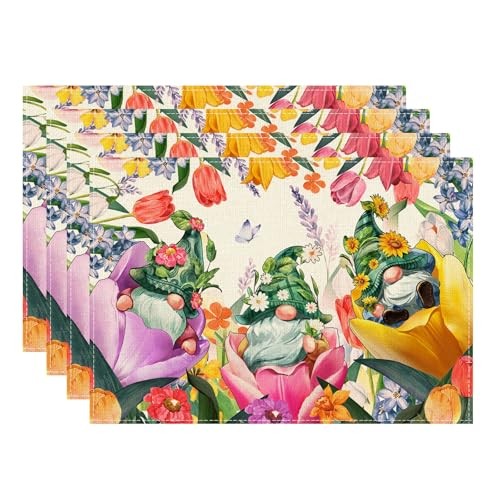 Tulips Gnomes Flowers Spring Placemats Set of 4 Summer Set of 4 (12x18 Inch)