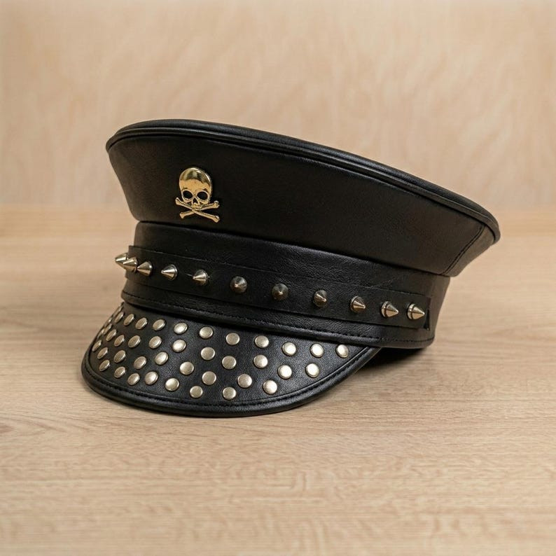 Black Leather Military Biker Cap Spiked Skull Studded Punk Rock Hat Officer