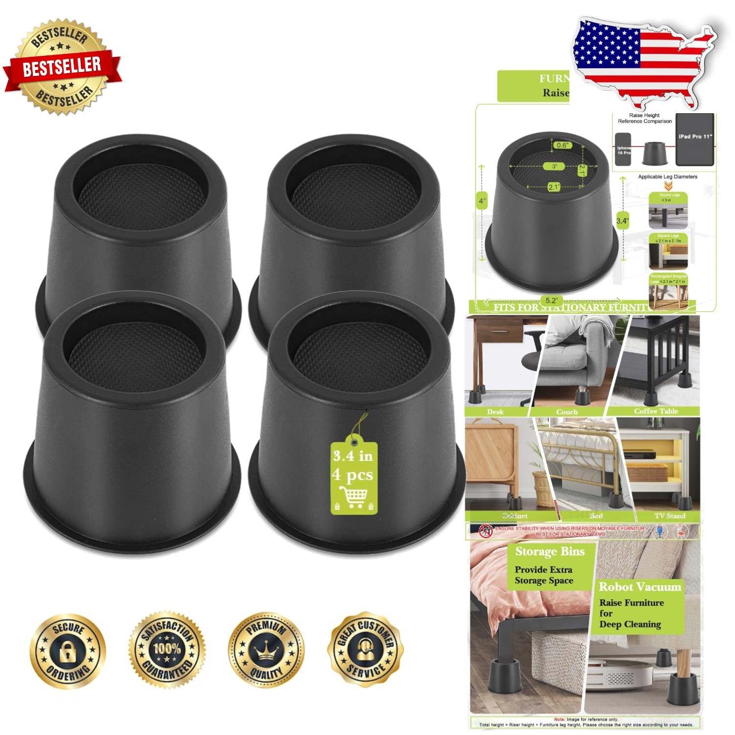 Heavy Duty 4 Inch Furniture Risers - 4 Pack Black Bed Lifts for Tables, Desks...