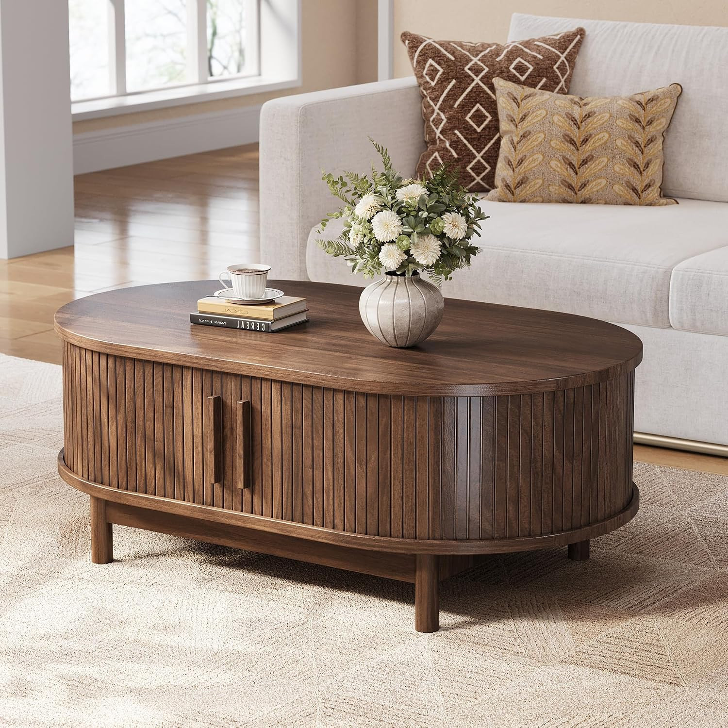 Oval Fluted Coffee Table, 40” Mid Century Modern Center Table with Large Storage