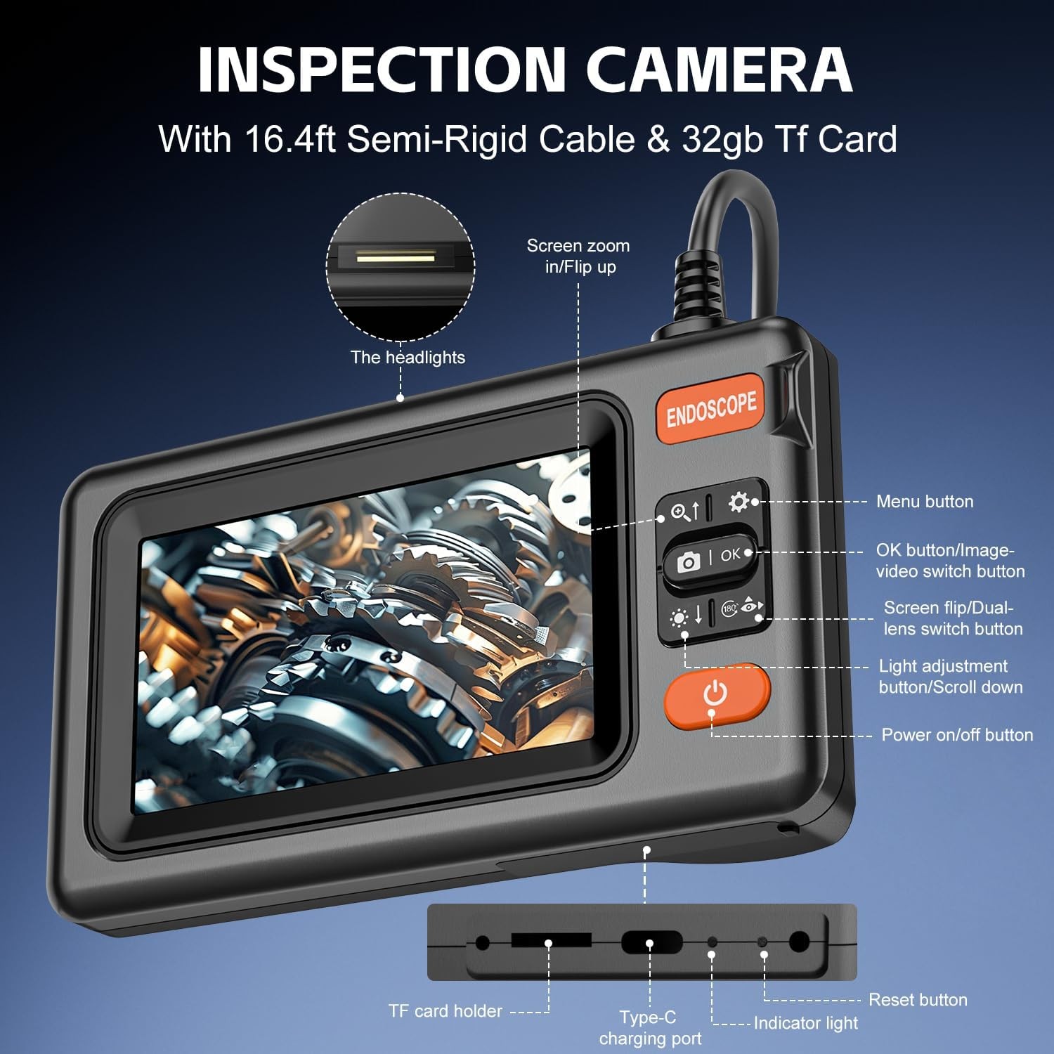 Dual Lens Endoscope Camera with Light, 1920P HD Borescope Camera with 4.3" LCD,