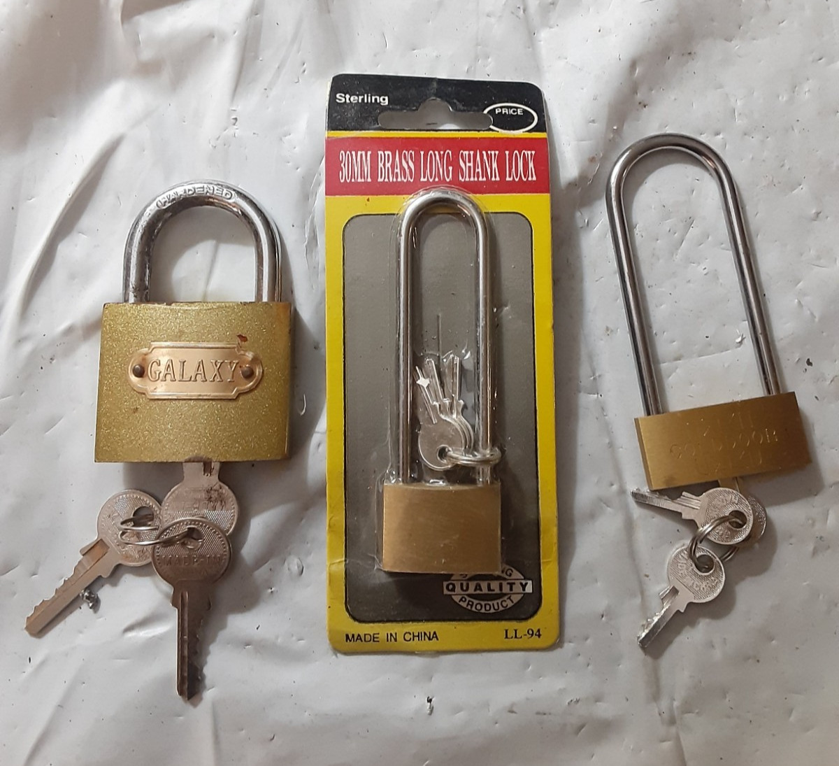 Lot of 3 Brass Padlocks – Long Shackle & Standard – w Keys, Galaxy, Sterling