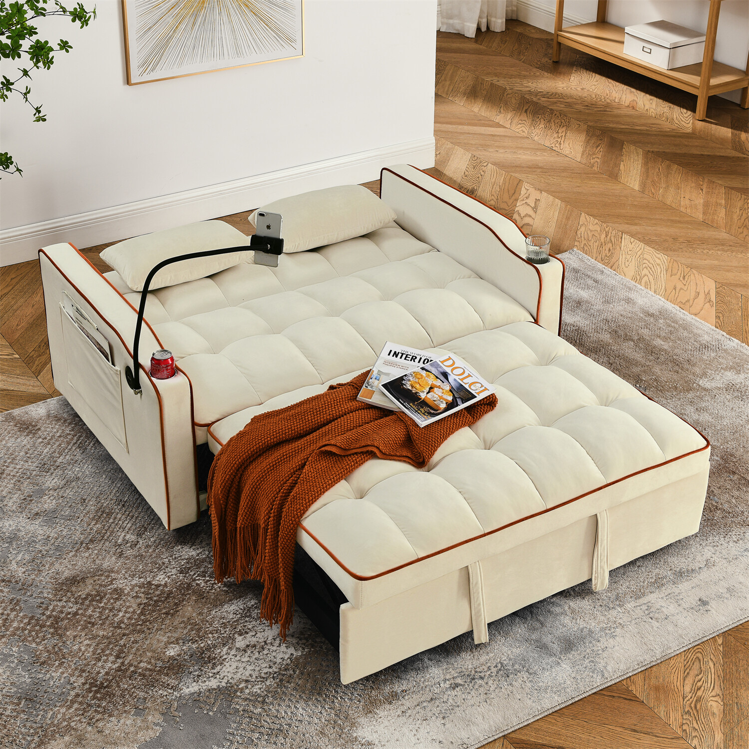 55.5in Convertible Sleeper Sofa Bed Loveseat Sofa 2 Seater Couch w/ Pull-Out Bed