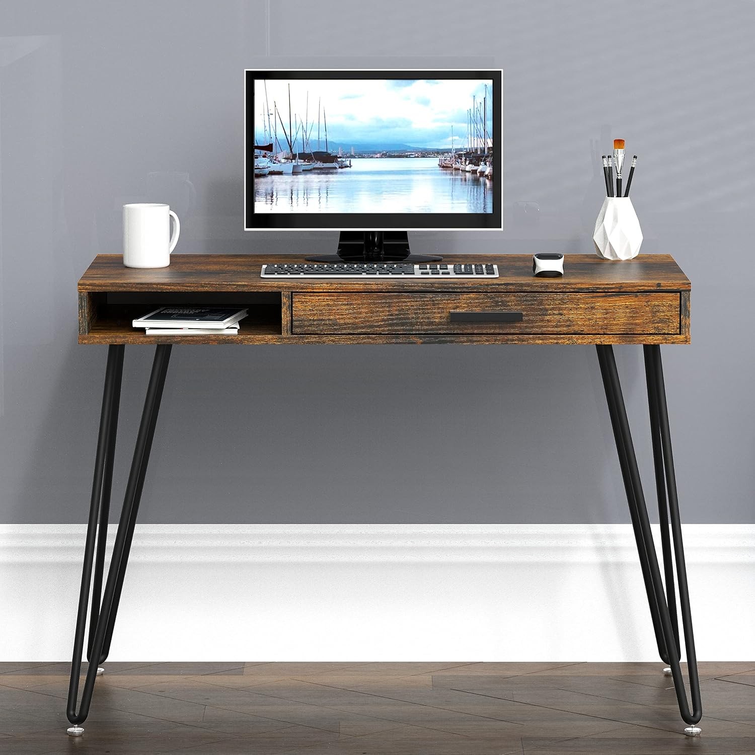 Home Office Computer Hairpin Leg Desk with Drawer Rustic Brown