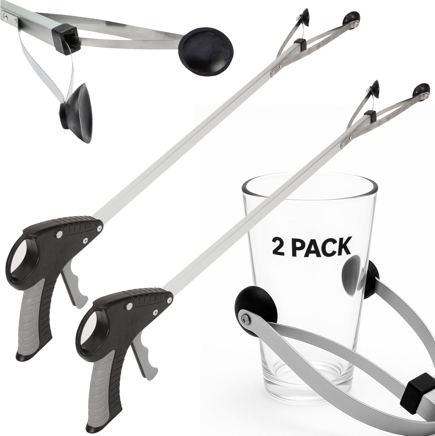 Vive Suction Cup Reacher Grabber (2 Pack) - 32 Inch Heavy Duty Mobility Grip Ha