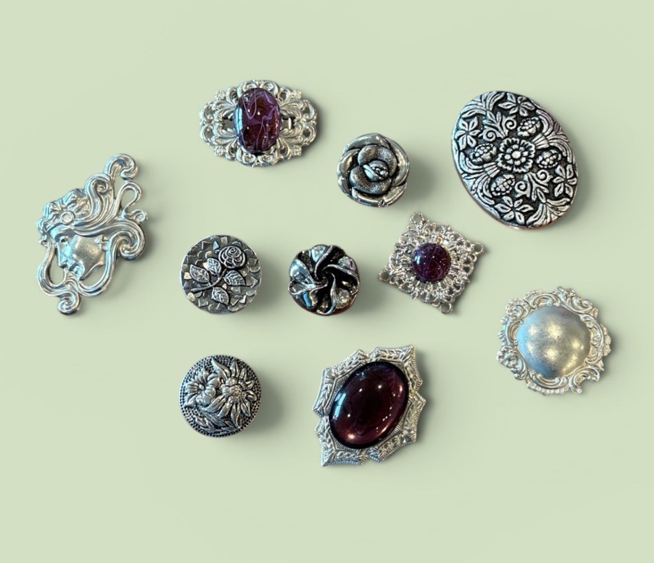 Vintage Button Covers, Mixed Patterns, Silver/pewter  Tone, Set Of 10 Floral
