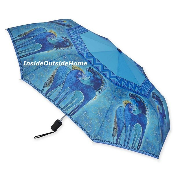 Laurel Burch Compact Umbrella Horses Teal Mares LG Canopy AutoOpen RETIRED New