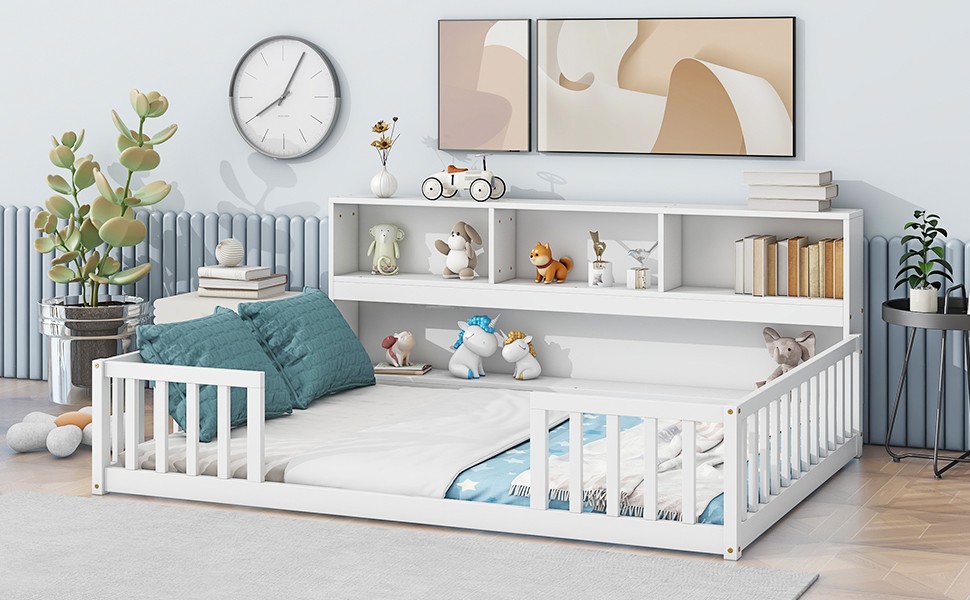 Full Size Floor Bed w/ Bookcase & Guardrails, White, Sturdy Pine Frame