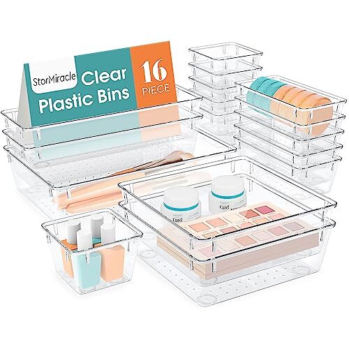 PCS Drawer Organizer Set, 5 Varied Size Bathroom and kitchen Drawer 16 Clear