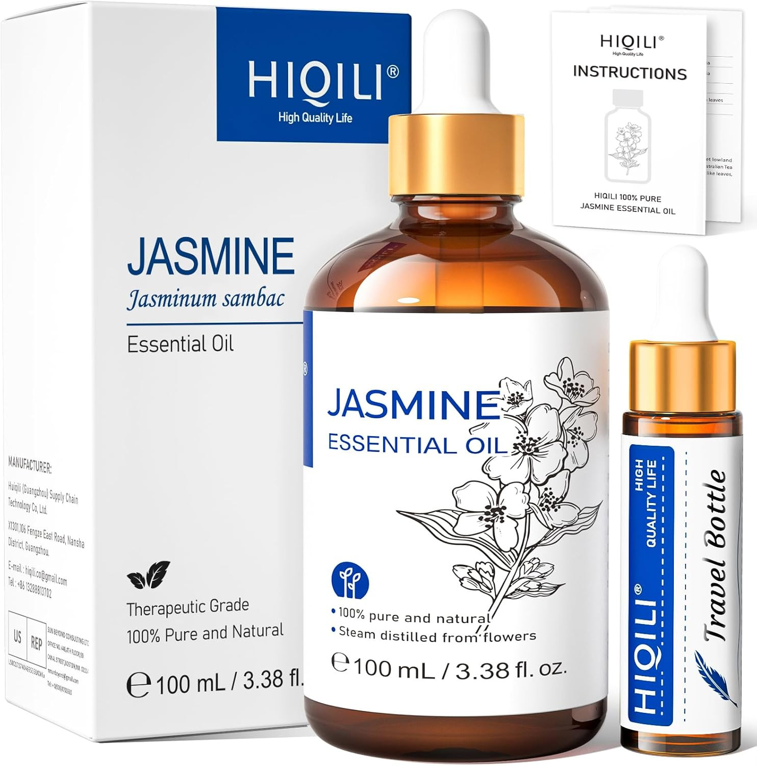 HIQILI Jasmine Essential Oil 3.38oz Pure Natural for Diffuser Perfume Hair