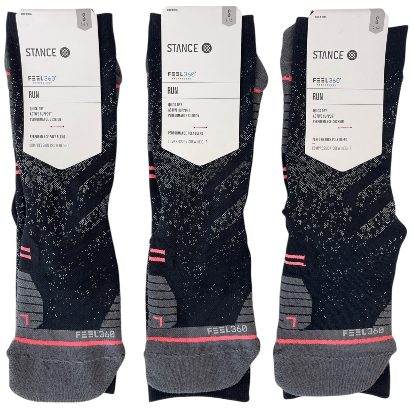 Stance Women's Socks 3 Black Pairs Feel 360 Run Crew Size Small 5-7.5 - $54 MSRP