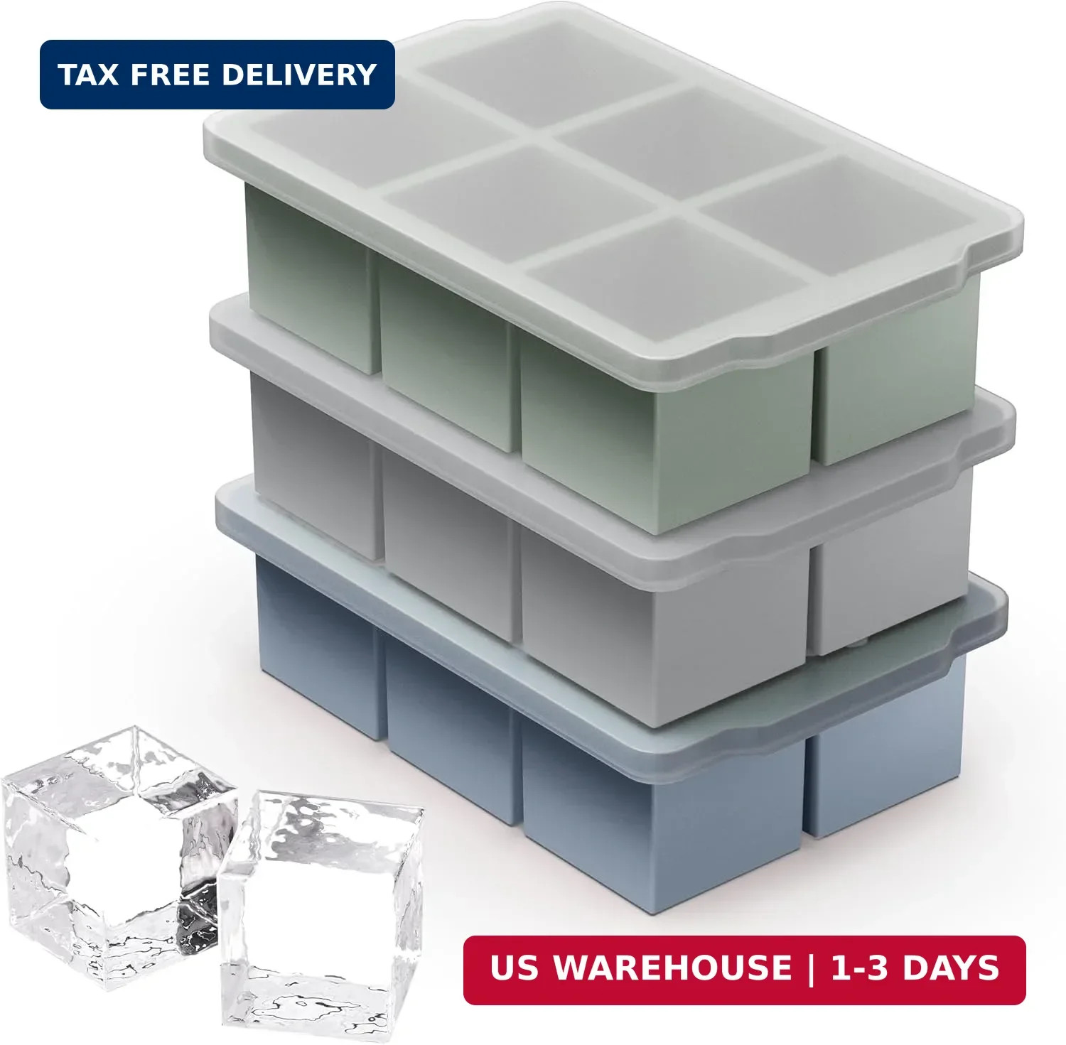 3 Packs Large Ice Cube Molds with Stackable Lid,Silicone Ice Cube Tray for F