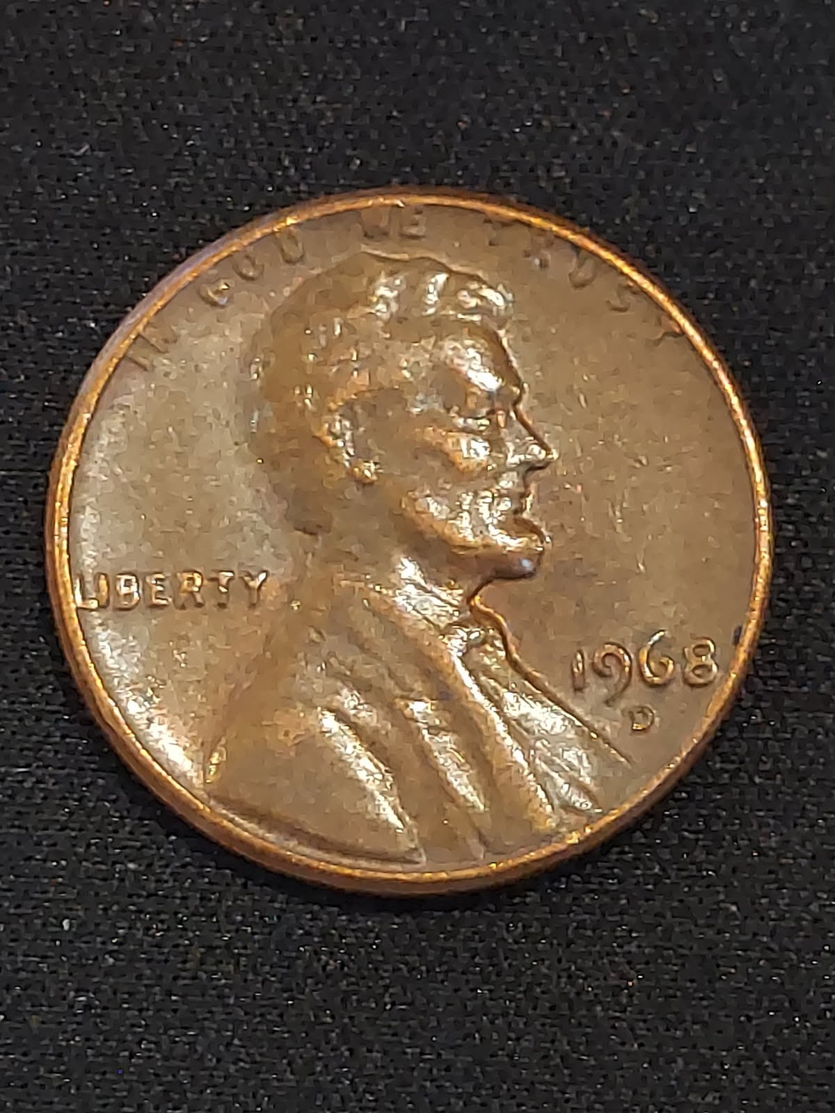 1968 D Lincoln Penny with "L" and " In God We Trust" on The Rim, Off Centered