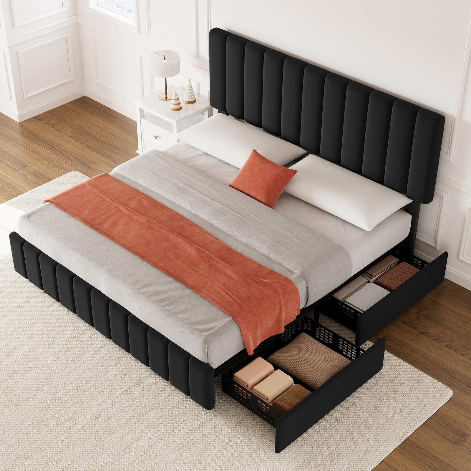 King Size Bed Frame Headboard Linen Upholstered Platform Bed Frame w/ 4 Drawers