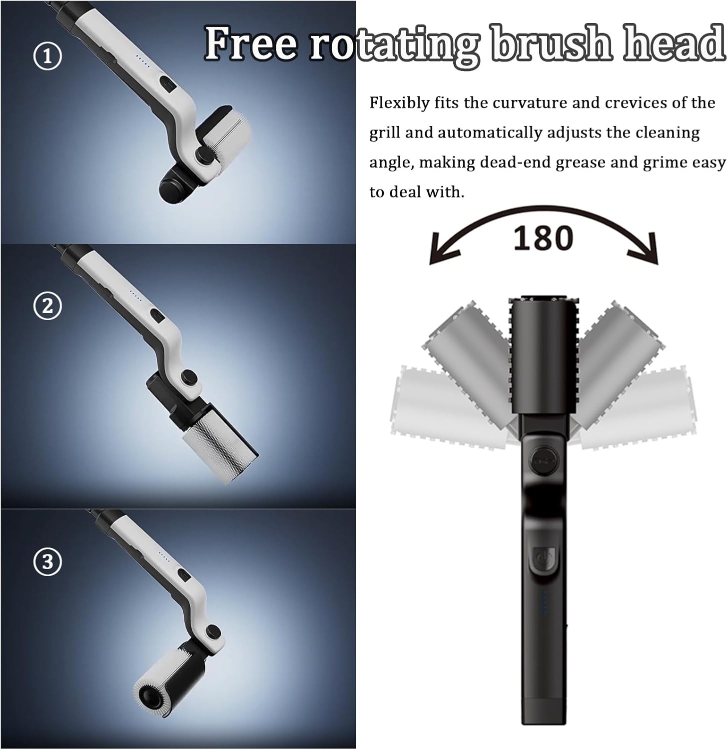 Rechargeable Black Electric BBQ Grill Brush with Two Replacement Brushes