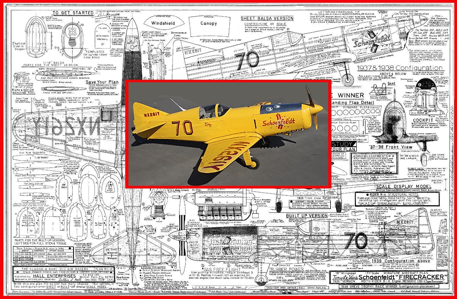 Model Airplane Plans FF: Schoenfeldt Firecracker 18" 1/12 Scale Racer RP or 1/2A