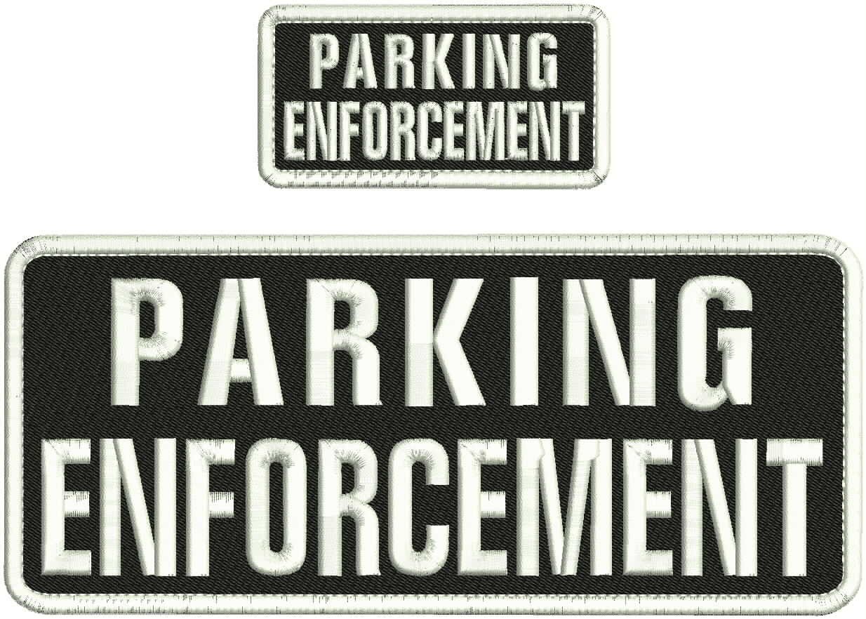 PARKING ENFORCEMENT EMB PATCH 4X10 AND 2X4 HOOK ON BACK WHITE ON BLACK