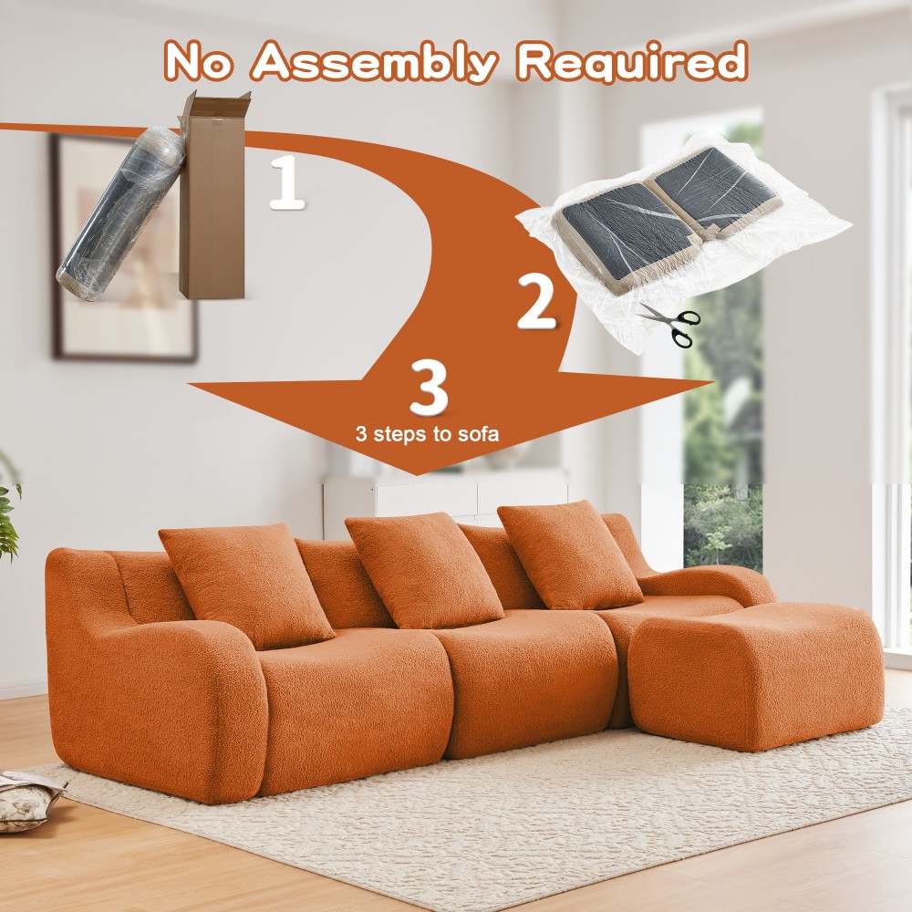 3-Seat Sofa w/ Teddy Fabric, Anti-Slip Base & Curved Armrests - Orange