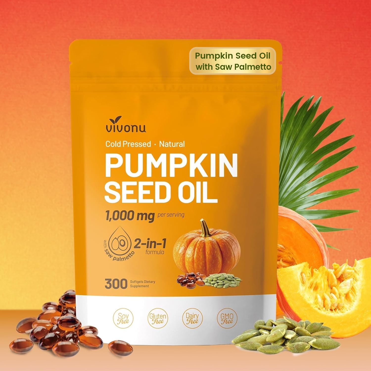 Pumpkin Seed Oil with Saw Palmetto 300 Count (Pack of 1), 300pcs/1bag