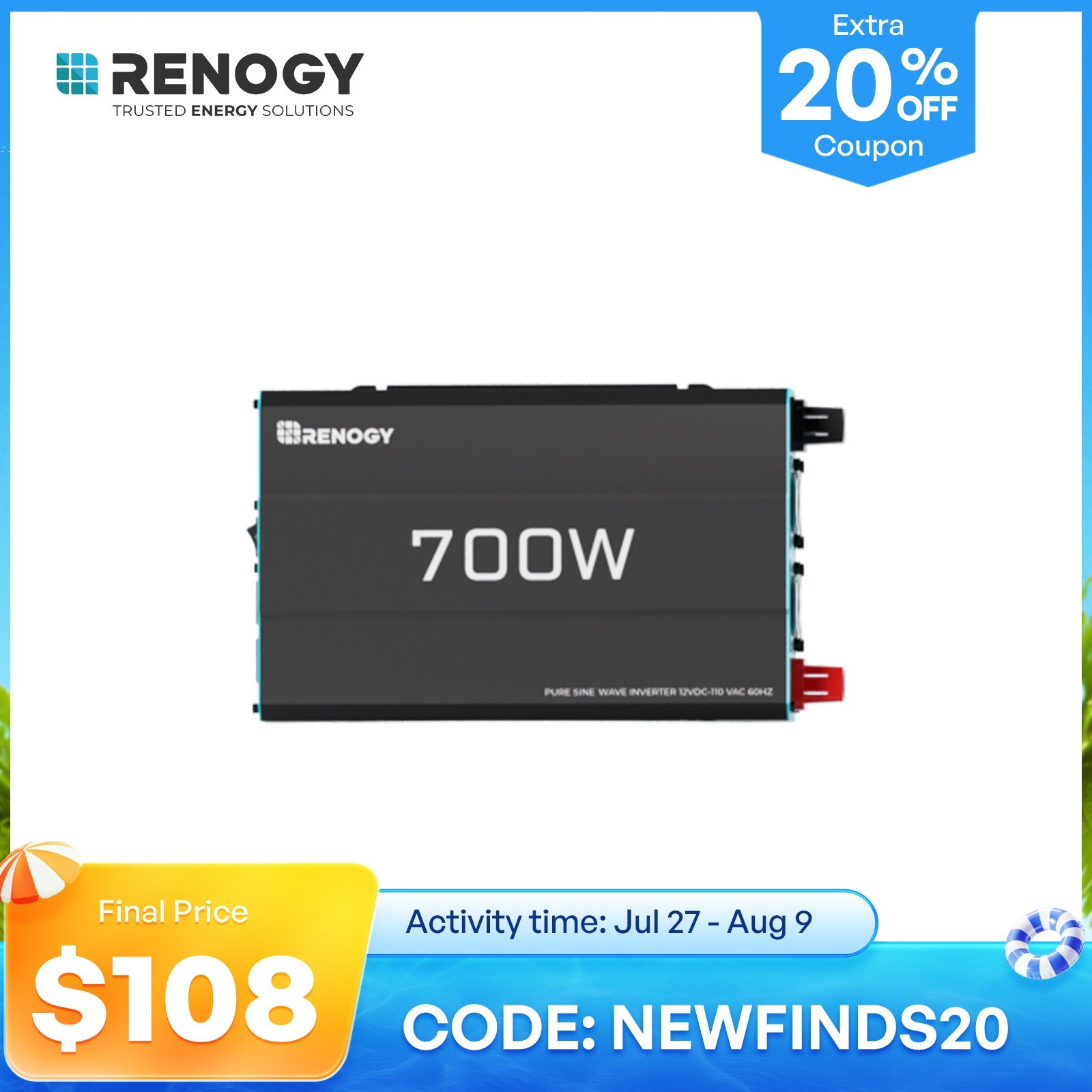 Renogy 700W Pure Sine Wave Inverter 12V DC to 120V AC Converter Remote Control