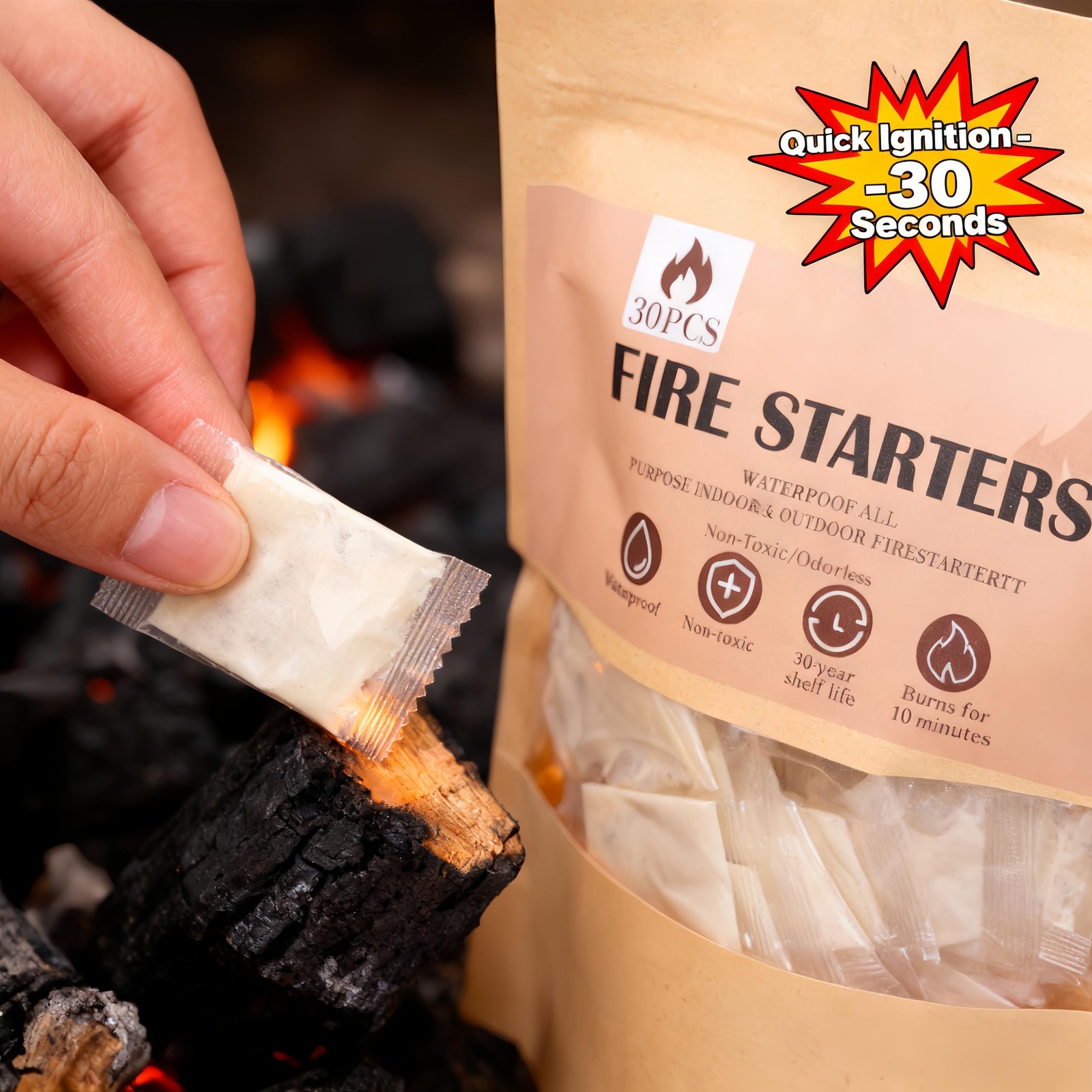 Raneped Waterproof Fire Starters for Campfires & Fireplace 30 Pcs/Bag