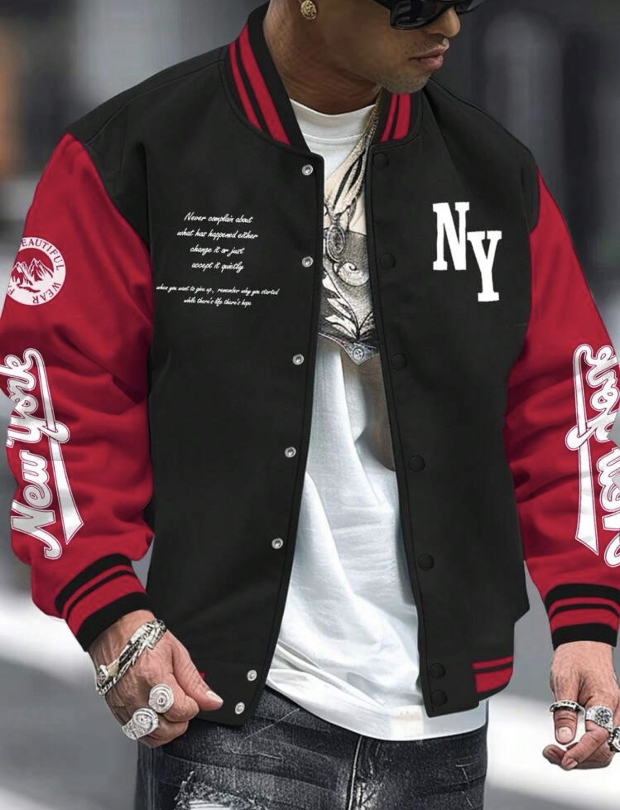 Men Varsity Baseball Jacket Colorblock Slogan Print Streetwear