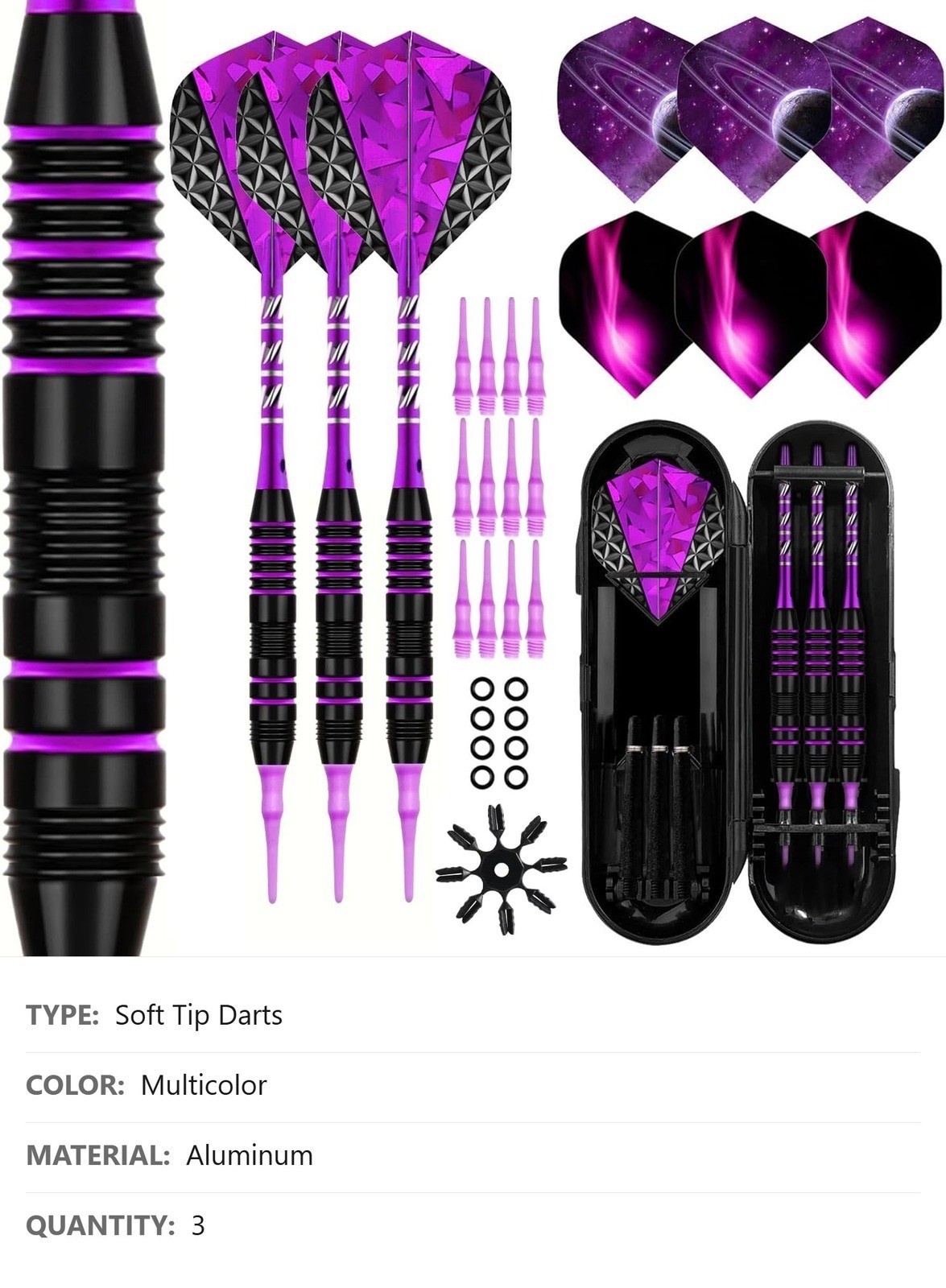 Soft Tip Darts Set, 3 Aluminum Shafts, 2BA Replacement Tips, Flights