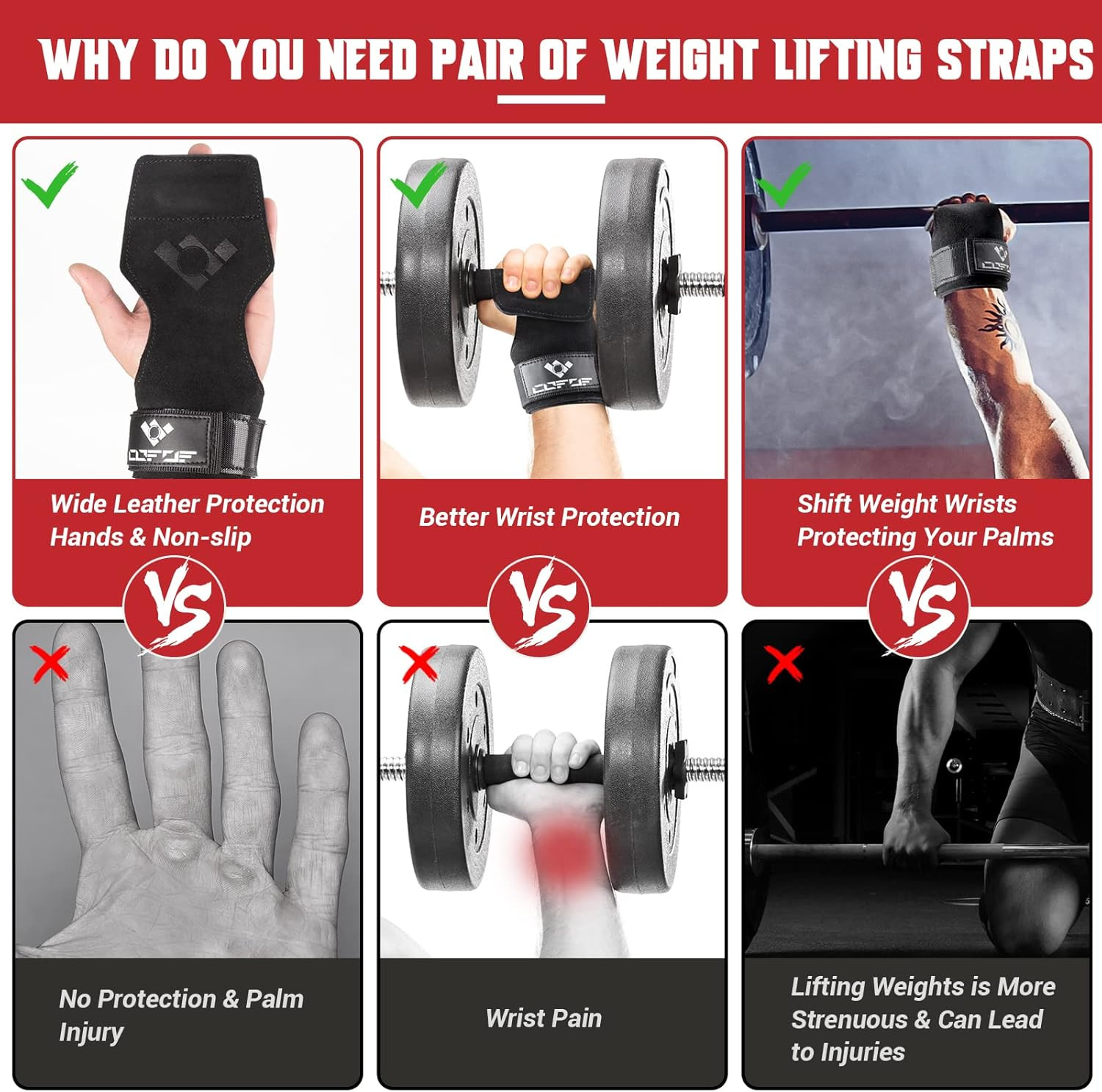 COFOF Weight Lifting Wrist Strap, Double Layer Leather Wrist Strap for Deadlift