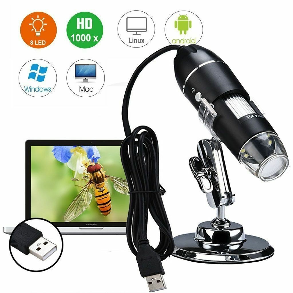 8LED 1000X 3MP USB Digital Microscope Endoscope Magnifier Camera w/ Stand Black
